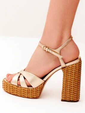 Schutz Keefa Straw Woven Platform Sandals Metallic Platinum US Size 9